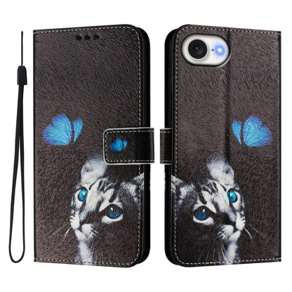 For iPhone 16e Art Colored Drawing Pattern Leather Phone Case(Butterfly cat) - iPhone 16e Cases by buy2fix | Online Shopping UK | buy2fix