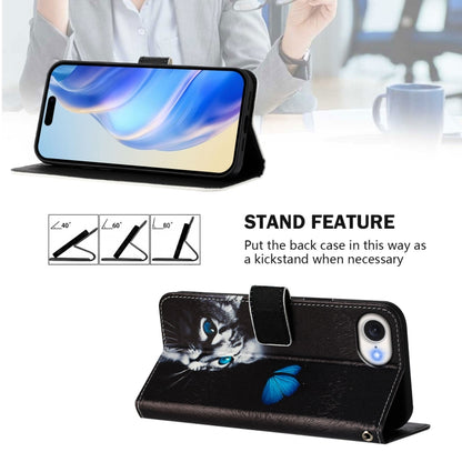 For iPhone 16e Art Colored Drawing Pattern Leather Phone Case(Butterfly cat) - iPhone 16e Cases by buy2fix | Online Shopping UK | buy2fix
