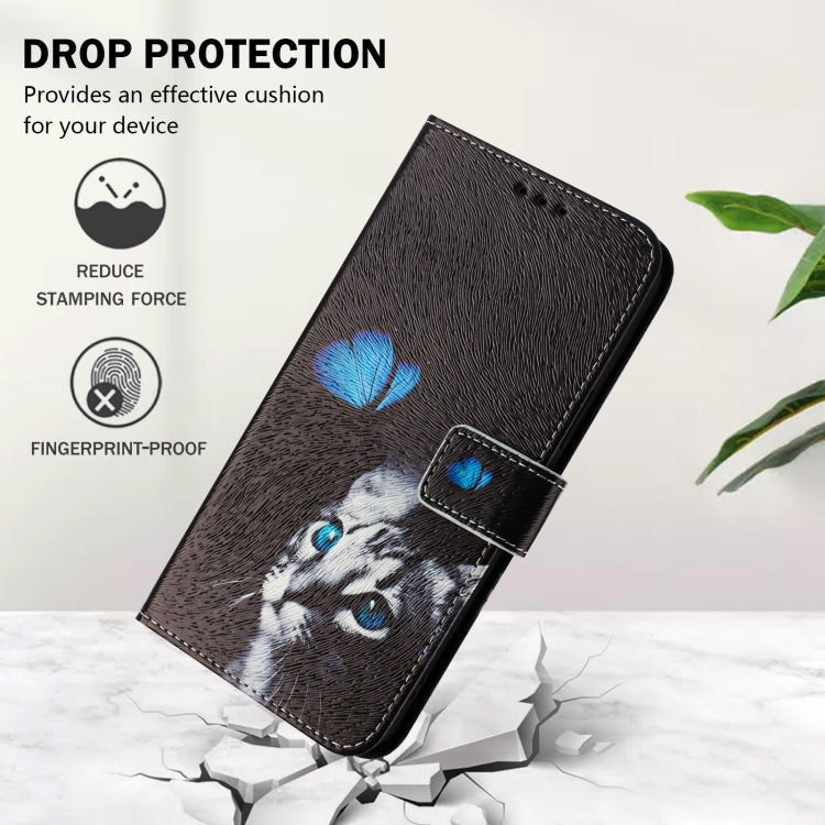 For iPhone 16e Art Colored Drawing Pattern Leather Phone Case(Butterfly cat) - iPhone 16e Cases by buy2fix | Online Shopping UK | buy2fix