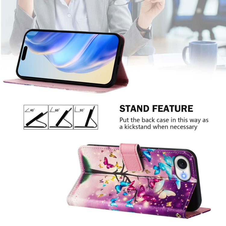 For iPhone 16e Art Colored Drawing Pattern Leather Phone Case(Butterfly branch) - iPhone 16e Cases by buy2fix | Online Shopping UK | buy2fix