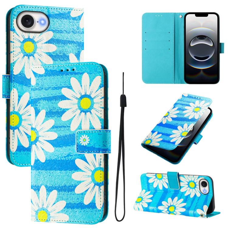 For iPhone 16e Art Colored Drawing Pattern Leather Phone Case(Blue daisy) - iPhone 16e Cases by buy2fix | Online Shopping UK | buy2fix