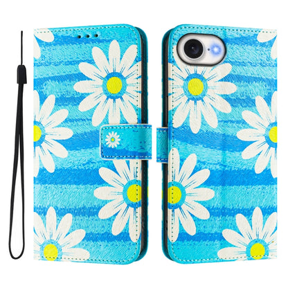 For iPhone 16e Art Colored Drawing Pattern Leather Phone Case(Blue daisy) - iPhone 16e Cases by buy2fix | Online Shopping UK | buy2fix
