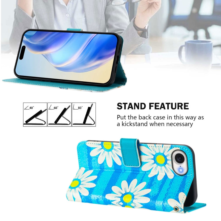 For iPhone 16e Art Colored Drawing Pattern Leather Phone Case(Blue daisy) - iPhone 16e Cases by buy2fix | Online Shopping UK | buy2fix