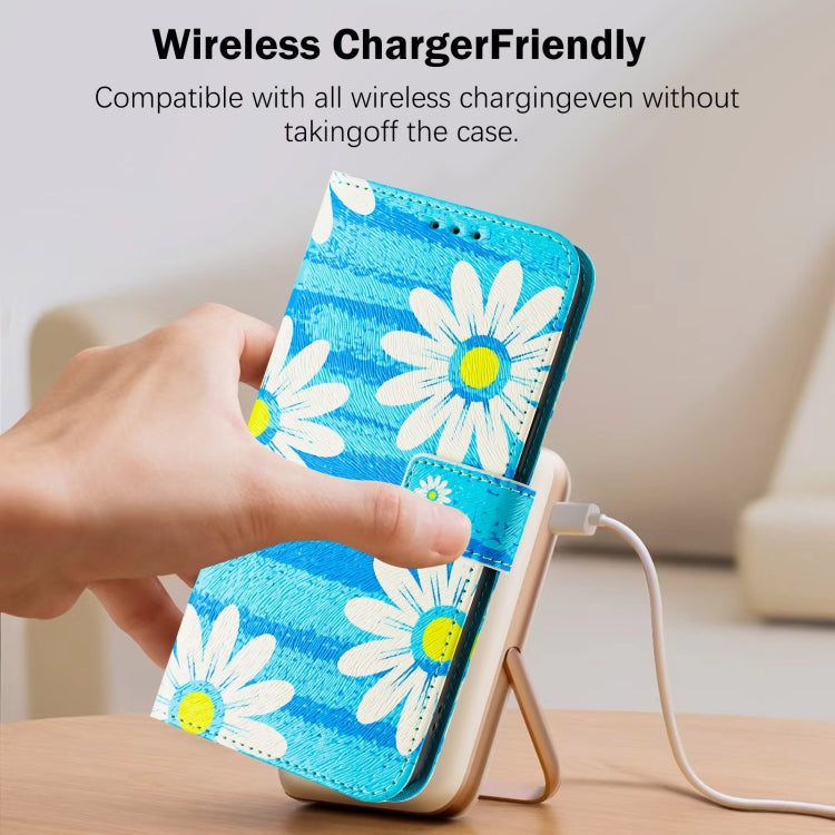 For iPhone 16e Art Colored Drawing Pattern Leather Phone Case(Blue daisy) - iPhone 16e Cases by buy2fix | Online Shopping UK | buy2fix