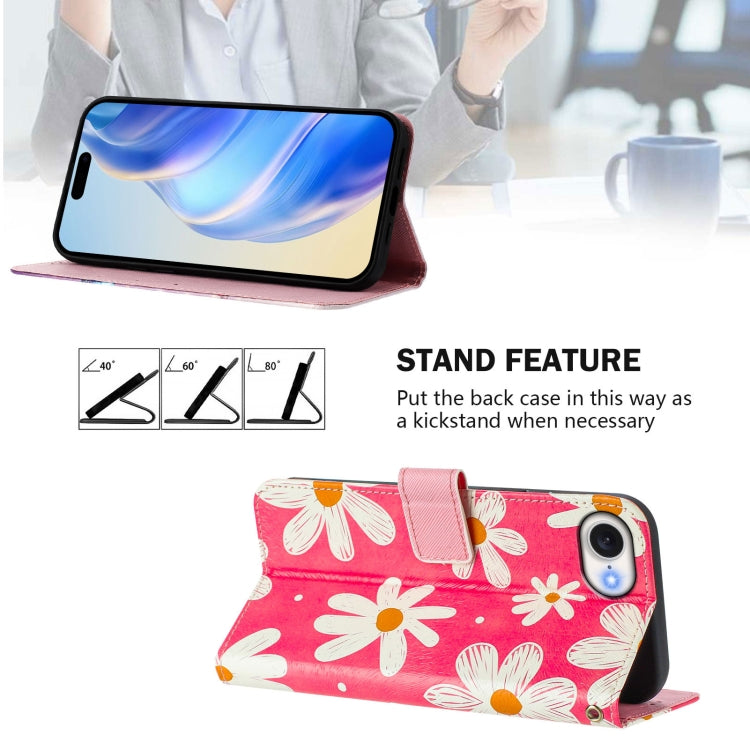 For iPhone 16e Art Colored Drawing Pattern Leather Phone Case(Pink daisy) - iPhone 16e Cases by buy2fix | Online Shopping UK | buy2fix