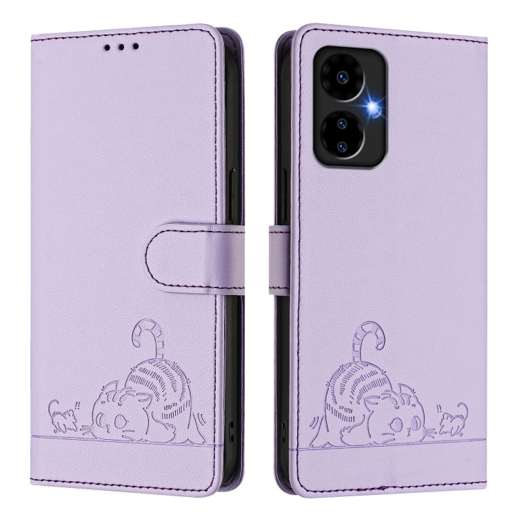 For Boost Mobile Celero 5G 2024 Cat Rat Embossed RFID Leather Phone Case with Lanyard(Purple) - More Brand by buy2fix | Online Shopping UK | buy2fix