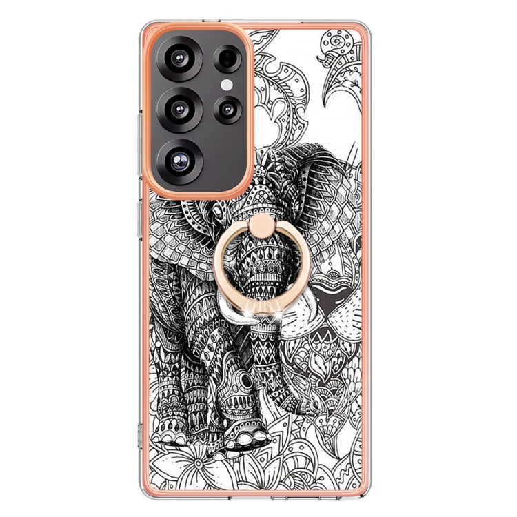 For Samsung Galaxy S25 Ultra 5G Electroplating Dual-side IMD Phone Case with Ring Holder(Totem Elephant) - Galaxy S25 Ultra 5G Cases by buy2fix | Online Shopping UK | buy2fix