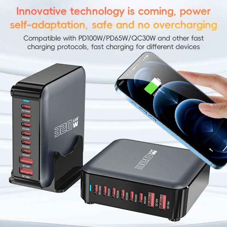 320W GaN 6 Type-C 2 USB Multi Ports Sharing Desktop Charger, Plug:EU Plug(Grey) - Multifunction Charger by buy2fix | Online Shopping UK | buy2fix