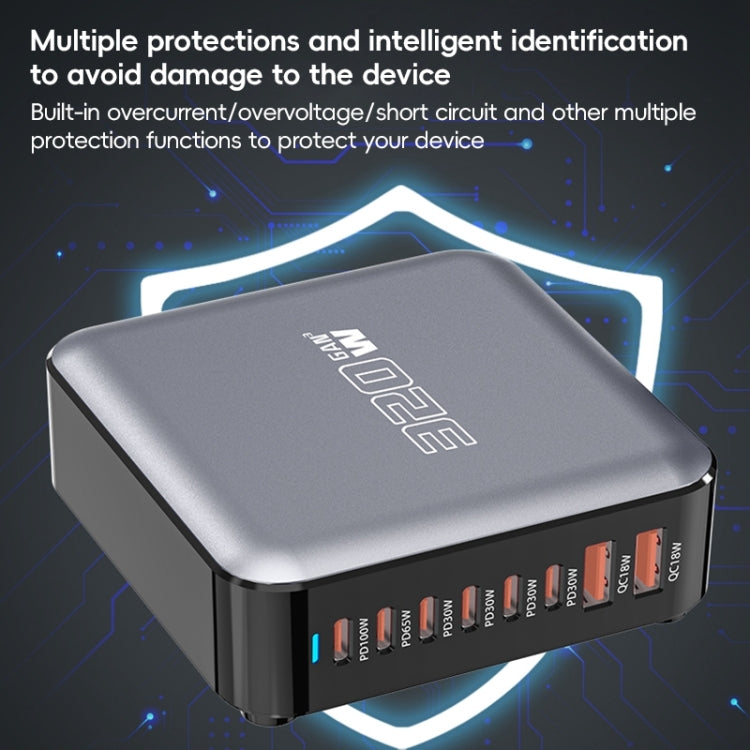 320W GaN 6 Type-C 2 USB Multi Ports Sharing Desktop Charger, Plug:EU Plug(Grey) - Multifunction Charger by buy2fix | Online Shopping UK | buy2fix