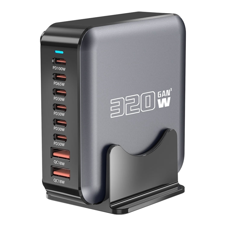 320W GaN 6 Type-C 2 USB Multi Ports Sharing Desktop Charger, Plug:UK Plug(Grey) - Multifunction Charger by buy2fix | Online Shopping UK | buy2fix