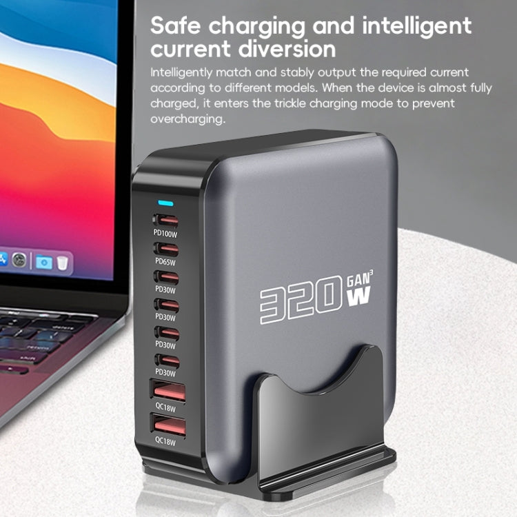 320W GaN 6 Type-C 2 USB Multi Ports Sharing Desktop Charger, Plug:UK Plug(Grey) - Multifunction Charger by buy2fix | Online Shopping UK | buy2fix