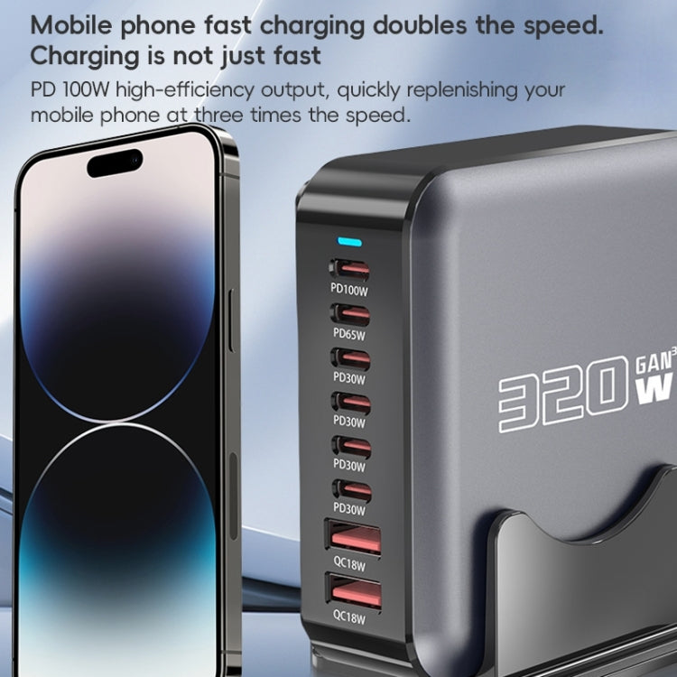 320W GaN 6 Type-C 2 USB Multi Ports Sharing Desktop Charger, Plug:UK Plug(Grey) - Multifunction Charger by buy2fix | Online Shopping UK | buy2fix
