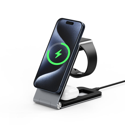 DUZZONA W22 15W 3 in 1 Foldable Magnetic Wireless Charging Stand(Grey) - Wireless Charger by DUZZONA | Online Shopping UK | buy2fix