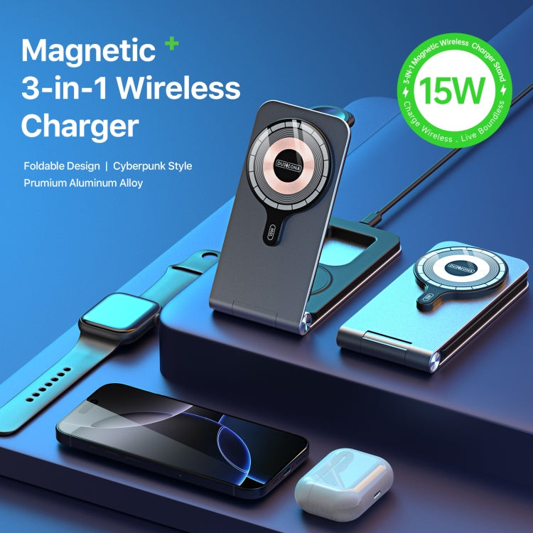 DUZZONA W22 15W 3 in 1 Foldable Magnetic Wireless Charging Stand(Grey) - Wireless Charger by DUZZONA | Online Shopping UK | buy2fix
