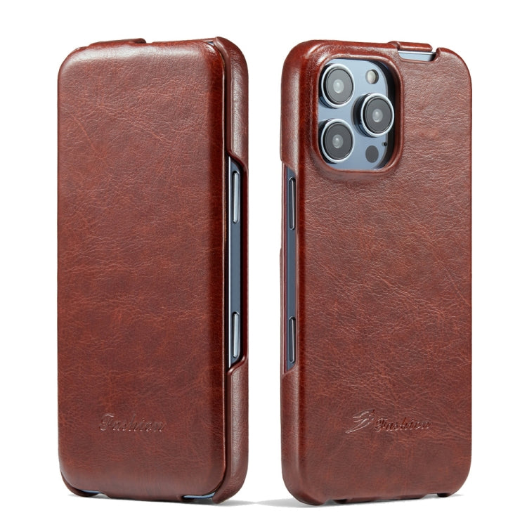 For iPhone 16 Pro Max Fierre Shann 64 Texture Vertical Flip PU Leather Phone Case(Brown) by FIERRE SHANN