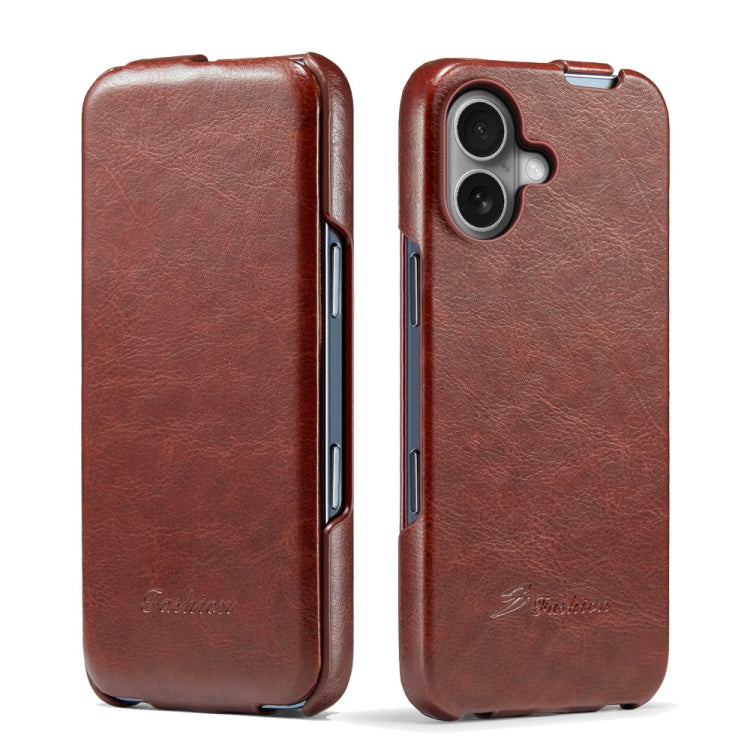 For iPhone 16 Plus Fierre Shann 64 Texture Vertical Flip PU Leather Phone Case(Brown) by FIERRE SHANN