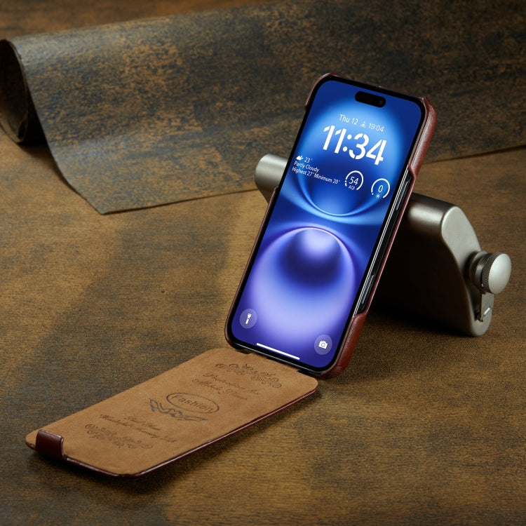 For iPhone 16 Plus Fierre Shann 64 Texture Vertical Flip PU Leather Phone Case(Brown) by FIERRE SHANN