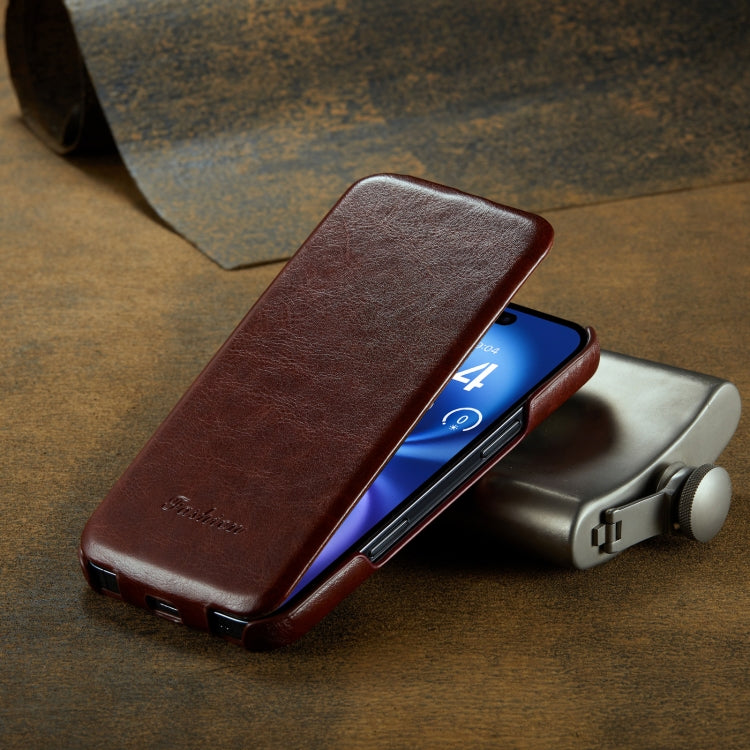 For iPhone 16 Plus Fierre Shann 64 Texture Vertical Flip PU Leather Phone Case(Brown) by FIERRE SHANN