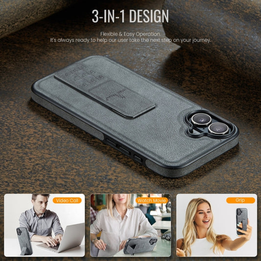 For iPhone 16 Plus Fierre Shann Oil Wax Cow Leather Holder Back Phone Case(Grey) by FIERRE SHANN