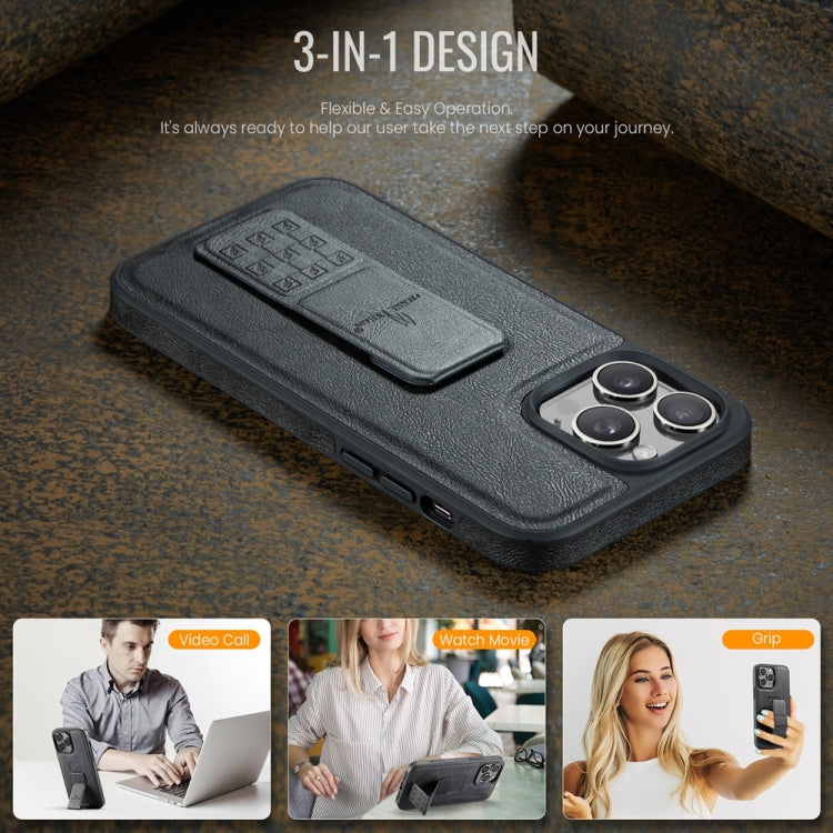 For iPhone 15 Pro Fierre Shann Oil Wax Cow Leather Holder Back Phone Case(Black) - iPhone 15 Pro Cases by FIERRE SHANN | Online Shopping UK | buy2fix