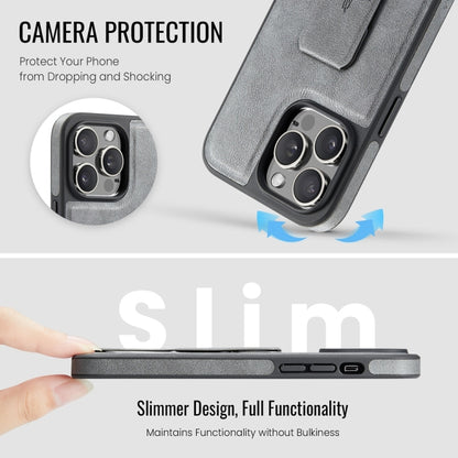 For iPhone 15 Pro Fierre Shann Oil Wax Cow Leather Holder Back Phone Case(Grey) - iPhone 15 Pro Cases by FIERRE SHANN | Online Shopping UK | buy2fix