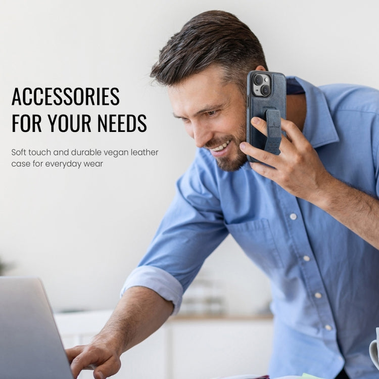 For iPhone 15 Fierre Shann Oil Wax Cow Leather Holder Back Phone Case(Blue) - iPhone 15 Cases by FIERRE SHANN | Online Shopping UK | buy2fix