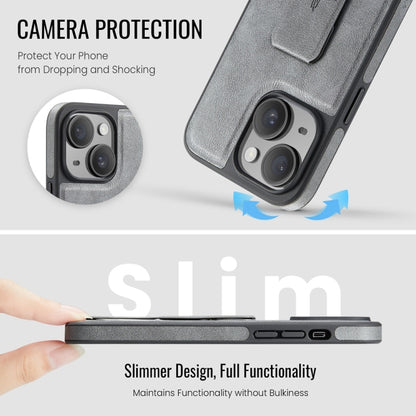 For iPhone 14 Plus Fierre Shann Oil Wax Cow Leather Holder Back Phone Case(Grey) - iPhone 14 Plus Cases by FIERRE SHANN | Online Shopping UK | buy2fix