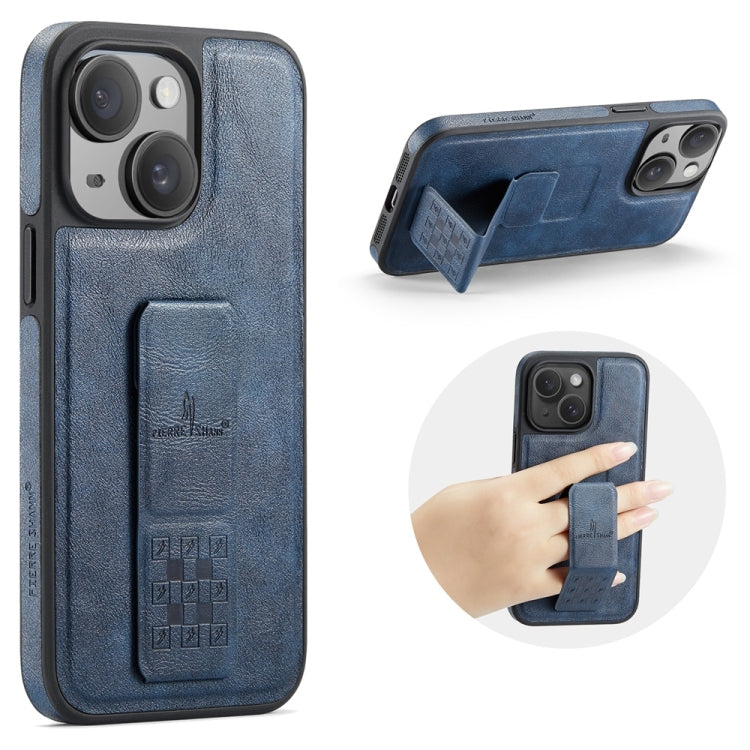 For iPhone 14 Plus Fierre Shann Oil Wax Cow Leather Holder Back Phone Case(Blue) - iPhone 14 Plus Cases by FIERRE SHANN | Online Shopping UK | buy2fix