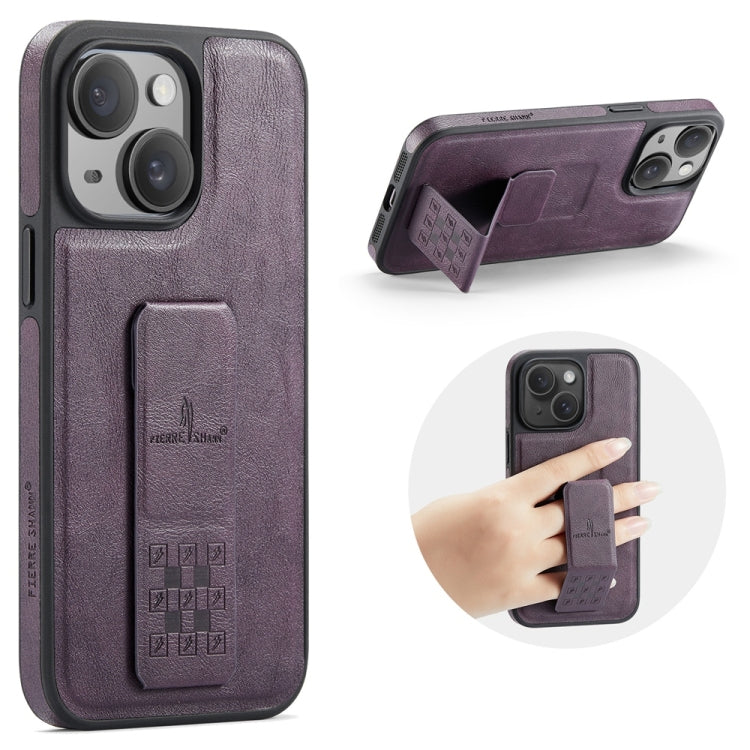 For iPhone 14 Plus Fierre Shann Oil Wax Cow Leather Holder Back Phone Case(Purple) - iPhone 14 Plus Cases by FIERRE SHANN | Online Shopping UK | buy2fix