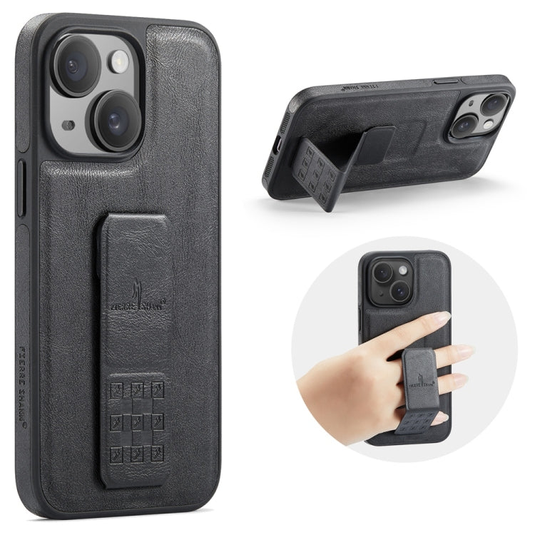 For iPhone 14 Fierre Shann Oil Wax Cow Leather Holder Back Phone Case(Black) - iPhone 14 Cases by FIERRE SHANN | Online Shopping UK | buy2fix
