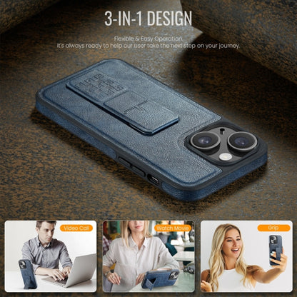 For iPhone 14 Fierre Shann Oil Wax Cow Leather Holder Back Phone Case(Blue) - iPhone 14 Cases by FIERRE SHANN | Online Shopping UK | buy2fix