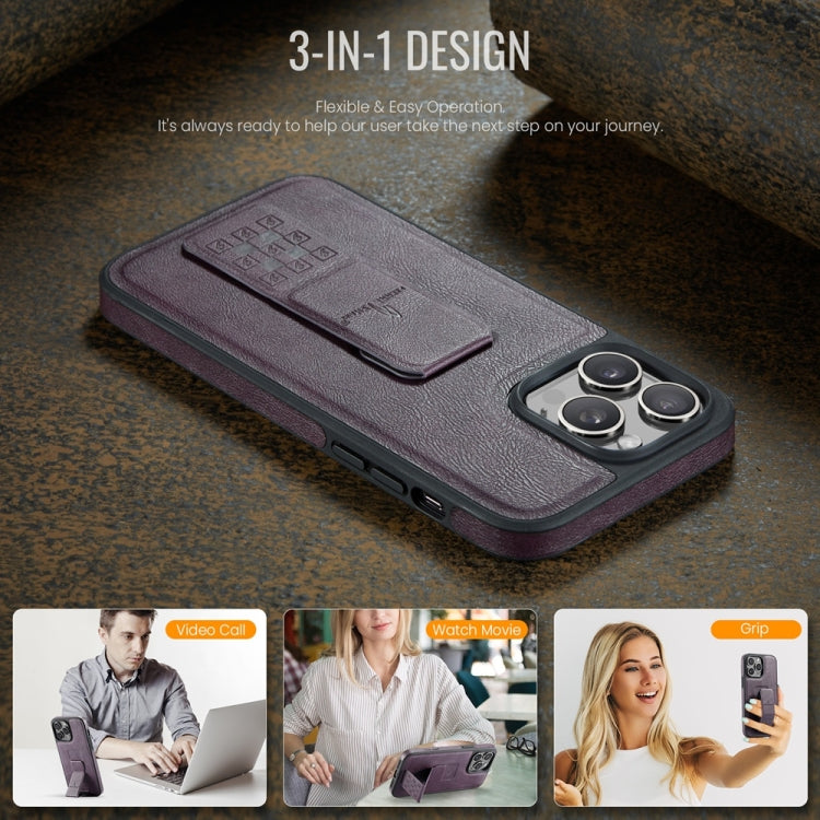 For iPhone 14 Pro Fierre Shann Oil Wax Cow Leather Holder Back Phone Case(Purple) - iPhone 14 Pro Cases by FIERRE SHANN | Online Shopping UK | buy2fix