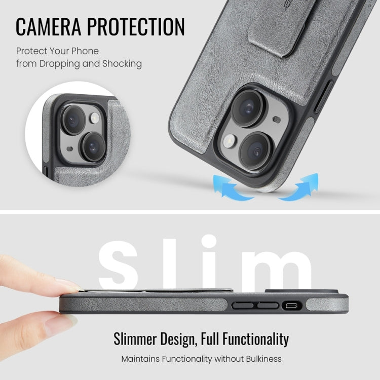 For iPhone 13 Fierre Shann Oil Wax Cow Leather Holder Back Phone Case(Grey) - iPhone 13 Cases by FIERRE SHANN | Online Shopping UK | buy2fix