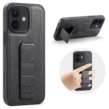 For iPhone 12 / 12 Pro Fierre Shann Oil Wax Cow Leather Holder Back Phone Case(Black) - iPhone 12 / 12 Pro Cases by FIERRE SHANN | Online Shopping UK | buy2fix