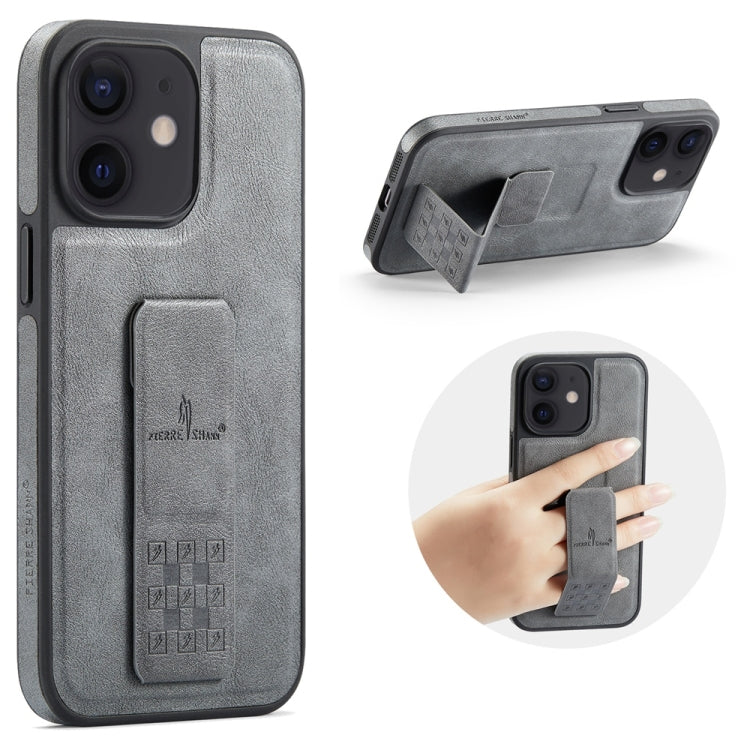 For iPhone 12 / 12 Pro Fierre Shann Oil Wax Cow Leather Holder Back Phone Case(Grey) - iPhone 12 / 12 Pro Cases by FIERRE SHANN | Online Shopping UK | buy2fix