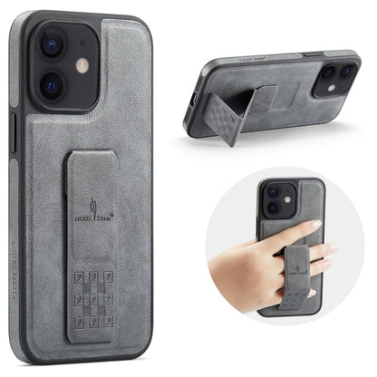 For iPhone 12 / 12 Pro Fierre Shann Oil Wax Cow Leather Holder Back Phone Case(Grey) - iPhone 12 / 12 Pro Cases by FIERRE SHANN | Online Shopping UK | buy2fix