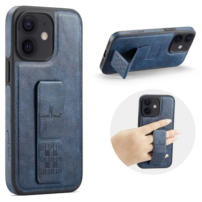 For iPhone 12 / 12 Pro Fierre Shann Oil Wax Cow Leather Holder Back Phone Case(Blue) - iPhone 12 / 12 Pro Cases by FIERRE SHANN | Online Shopping UK | buy2fix
