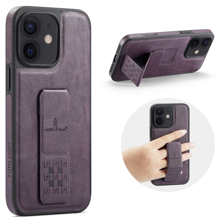 For iPhone 12 / 12 Pro Fierre Shann Oil Wax Cow Leather Holder Back Phone Case(Purple) - iPhone 12 / 12 Pro Cases by FIERRE SHANN | Online Shopping UK | buy2fix
