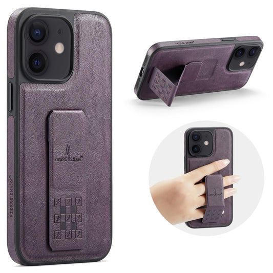 For iPhone 12 / 12 Pro Fierre Shann Oil Wax Cow Leather Holder Back Phone Case(Purple) - iPhone 12 / 12 Pro Cases by FIERRE SHANN | Online Shopping UK | buy2fix