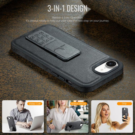 For iPhone 16e Fierre Shann Oil Wax Cow Leather Holder Back Phone Case(Black) - iPhone 16e Cases by FIERRE SHANN | Online Shopping UK | buy2fix