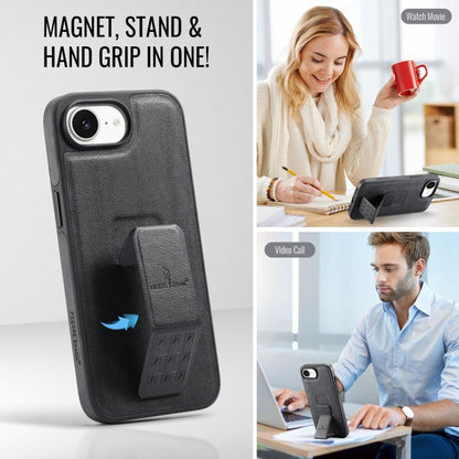 For iPhone 16e Fierre Shann Oil Wax Cow Leather Holder Back Phone Case(Black) - iPhone 16e Cases by FIERRE SHANN | Online Shopping UK | buy2fix