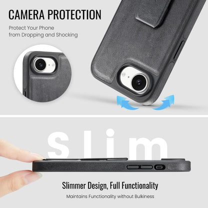 For iPhone 16e Fierre Shann Oil Wax Cow Leather Holder Back Phone Case(Black) - iPhone 16e Cases by FIERRE SHANN | Online Shopping UK | buy2fix