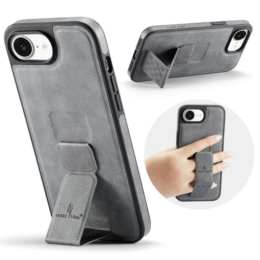 For iPhone 16e Fierre Shann Oil Wax Cow Leather Holder Back Phone Case(Grey) - iPhone 16e Cases by FIERRE SHANN | Online Shopping UK | buy2fix