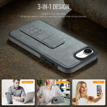 For iPhone 16e Fierre Shann Oil Wax Cow Leather Holder Back Phone Case(Grey) - iPhone 16e Cases by FIERRE SHANN | Online Shopping UK | buy2fix