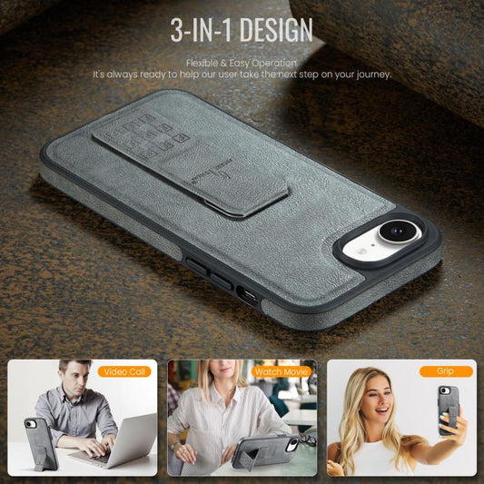 For iPhone 16e Fierre Shann Oil Wax Cow Leather Holder Back Phone Case(Grey) - iPhone 16e Cases by FIERRE SHANN | Online Shopping UK | buy2fix