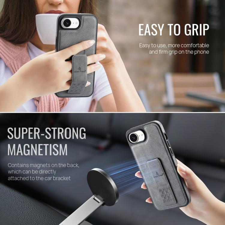 For iPhone 16e Fierre Shann Oil Wax Cow Leather Holder Back Phone Case(Grey) - iPhone 16e Cases by FIERRE SHANN | Online Shopping UK | buy2fix