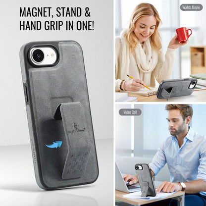 For iPhone 16e Fierre Shann Oil Wax Cow Leather Holder Back Phone Case(Grey) - iPhone 16e Cases by FIERRE SHANN | Online Shopping UK | buy2fix