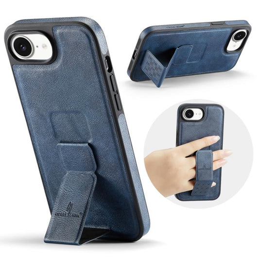 For iPhone 16e Fierre Shann Oil Wax Cow Leather Holder Back Phone Case(Blue) - iPhone 16e Cases by FIERRE SHANN | Online Shopping UK | buy2fix