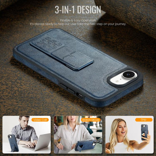 For iPhone 16e Fierre Shann Oil Wax Cow Leather Holder Back Phone Case(Blue) - iPhone 16e Cases by FIERRE SHANN | Online Shopping UK | buy2fix