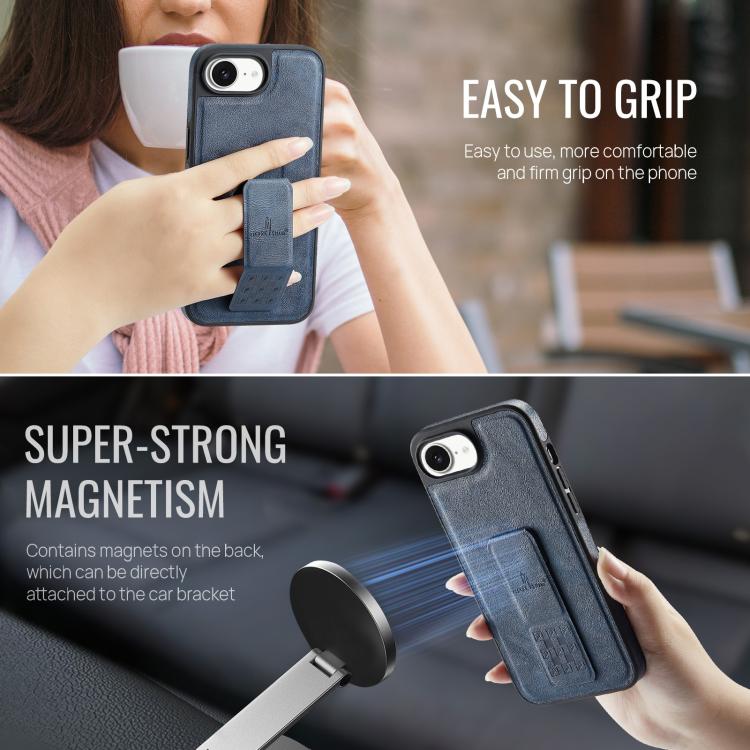 For iPhone 16e Fierre Shann Oil Wax Cow Leather Holder Back Phone Case(Blue) - iPhone 16e Cases by FIERRE SHANN | Online Shopping UK | buy2fix